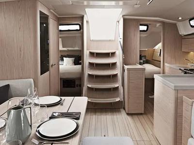 Salon of Sunsail 46 Mon Premium, a Beneteau Oceanis 46 sailboat at Gouvia, Greece
