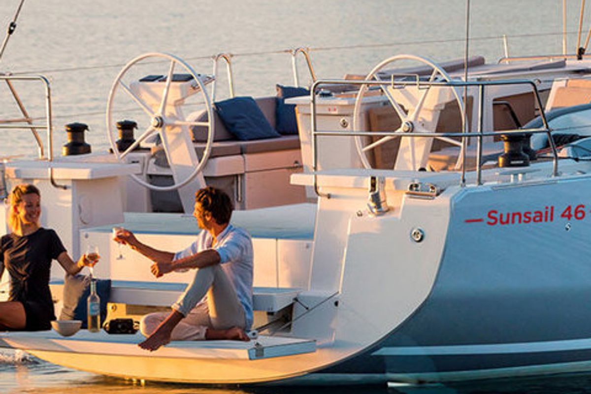 Exterior view of Sunsail 46 Mon Premium, a Beneteau Oceanis 46 sailboat at Gouvia, Greece