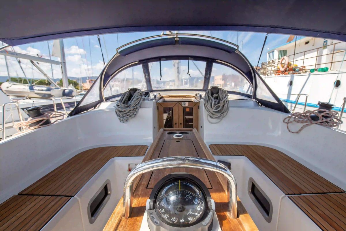 Cockpit of Baaria, a Bavaria 46 Cruiser sailboat at Palermo, Italy