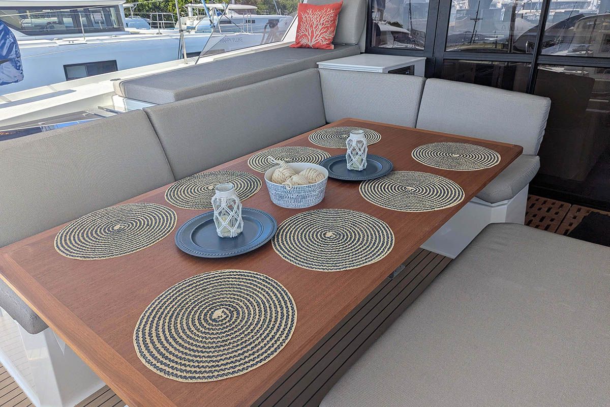 Deck of V Circle, a Fountaine Pajot Aura 51 catamaran at Seychelles, Eden Island Marina, Seychelles