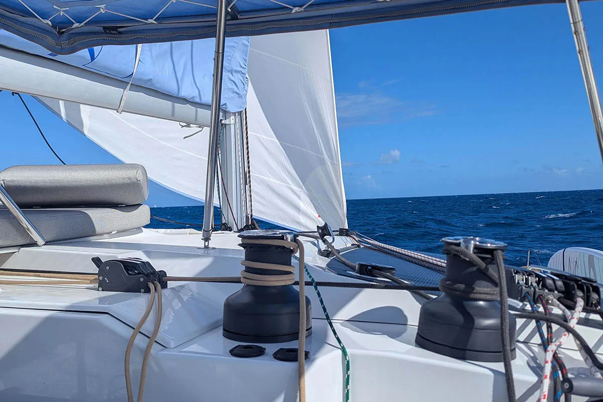Deck of V Circle, a Fountaine Pajot Aura 51 catamaran at Seychelles, Eden Island Marina, Seychelles