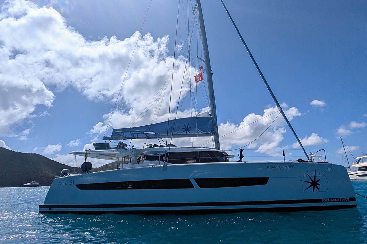 Exterior view of V Circle, a Fountaine Pajot Aura 51 catamaran at Seychelles, Eden Island Marina, Seychelles