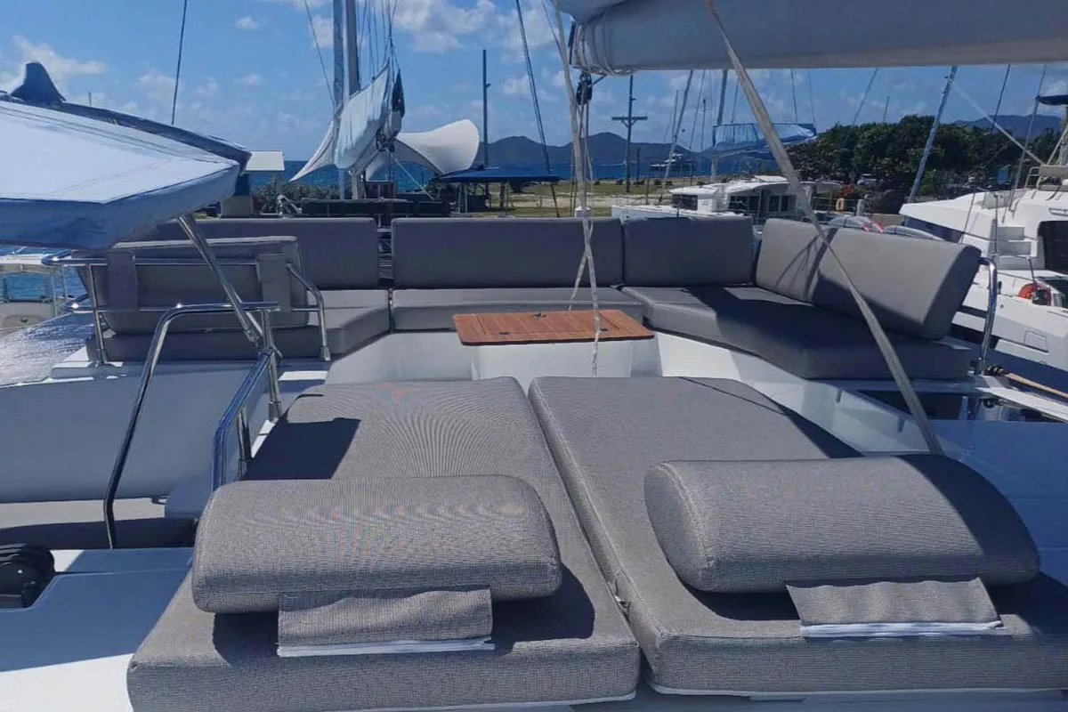 Deck of V Circle, a Fountaine Pajot Aura 51 catamaran at Seychelles, Eden Island Marina, Seychelles