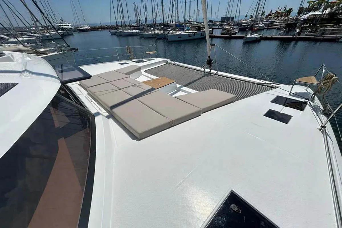 Deck of V Circle, a Fountaine Pajot Aura 51 catamaran at Seychelles, Eden Island Marina, Seychelles