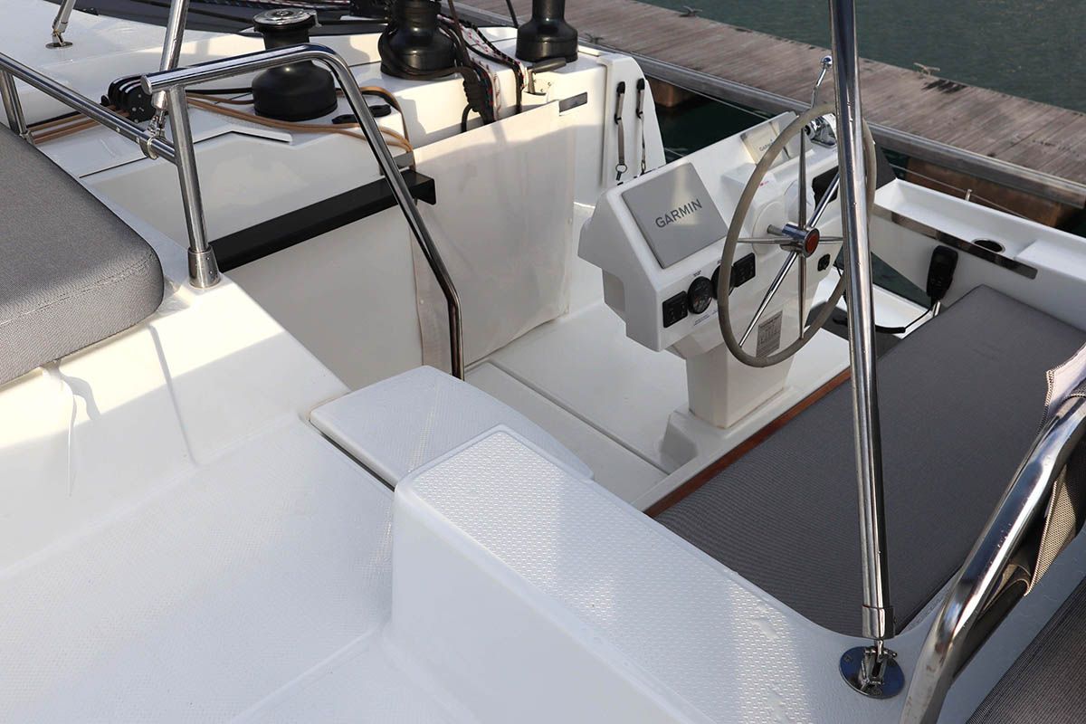 Cockpit of V Circle, a Fountaine Pajot Aura 51 catamaran at Seychelles, Eden Island Marina, Seychelles