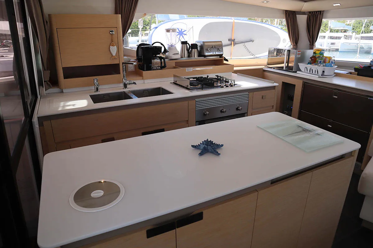 Galley of V Circle, a Fountaine Pajot Aura 51 catamaran at Seychelles, Eden Island Marina, Seychelles