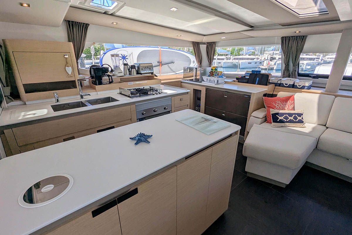 Salon of V Circle, a Fountaine Pajot Aura 51 catamaran at Seychelles, Eden Island Marina, Seychelles