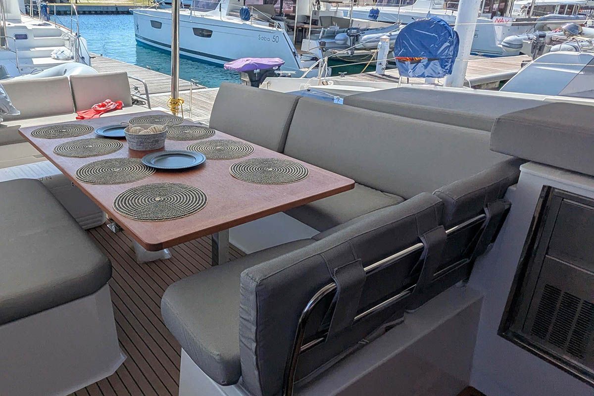 Deck of V Circle, a Fountaine Pajot Aura 51 catamaran at Seychelles, Eden Island Marina, Seychelles