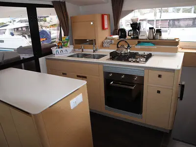 Galley of V Circle, a Fountaine Pajot Aura 51 catamaran at Seychelles, Eden Island Marina, Seychelles