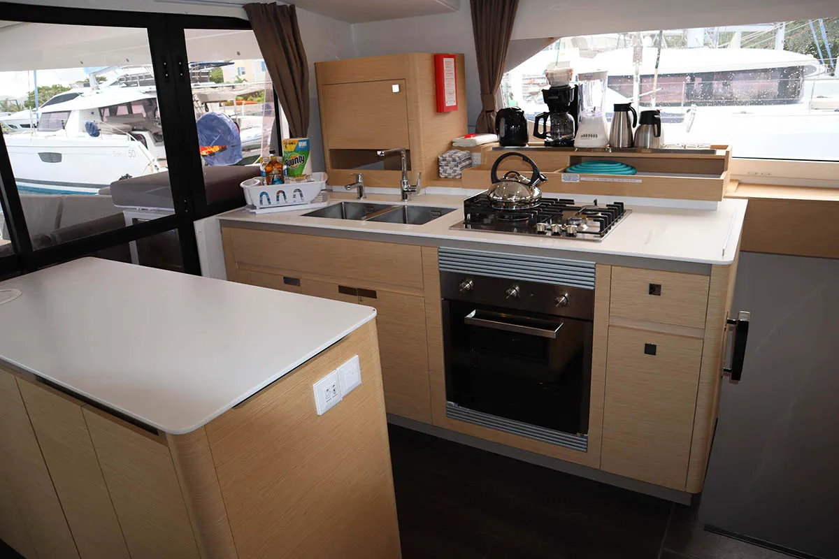 Galley of V Circle, a Fountaine Pajot Aura 51 catamaran at Seychelles, Eden Island Marina, Seychelles