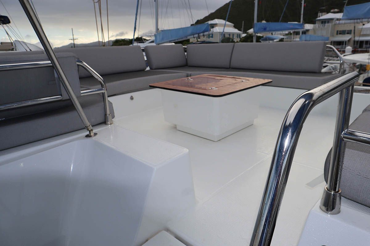 Deck of V Circle, a Fountaine Pajot Aura 51 catamaran at Seychelles, Eden Island Marina, Seychelles