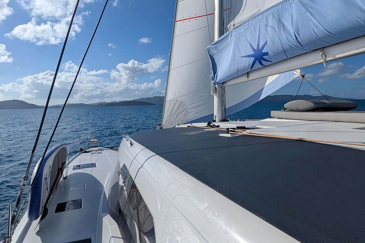 Deck of V Circle, a Fountaine Pajot Aura 51 catamaran at Seychelles, Eden Island Marina, Seychelles