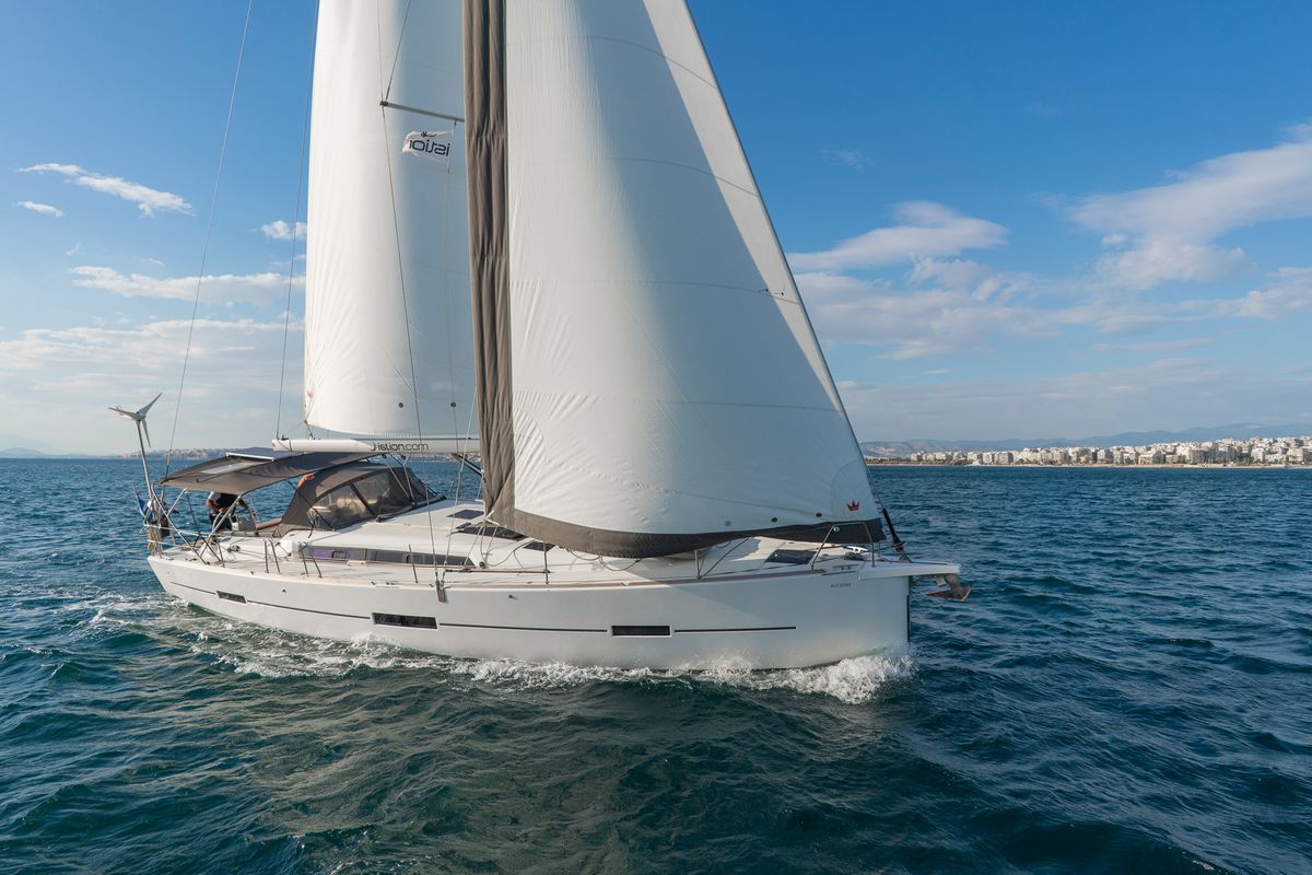 Exterior view of Carpe Diem, a Dufour 460 Grand Large sailboat at Municipal Unit of Lefkada, Greece