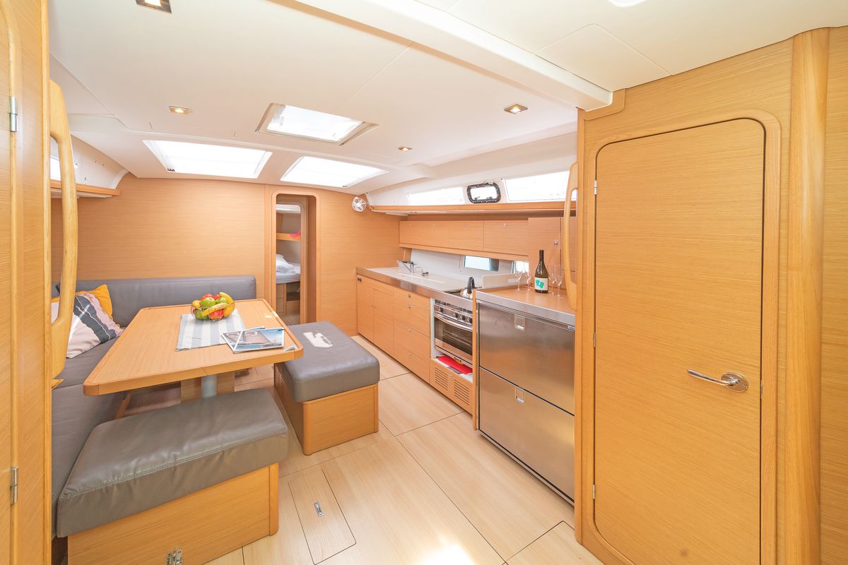 Galley of Carpe Diem, a Dufour 460 Grand Large sailboat at Municipal Unit of Lefkada, Greece