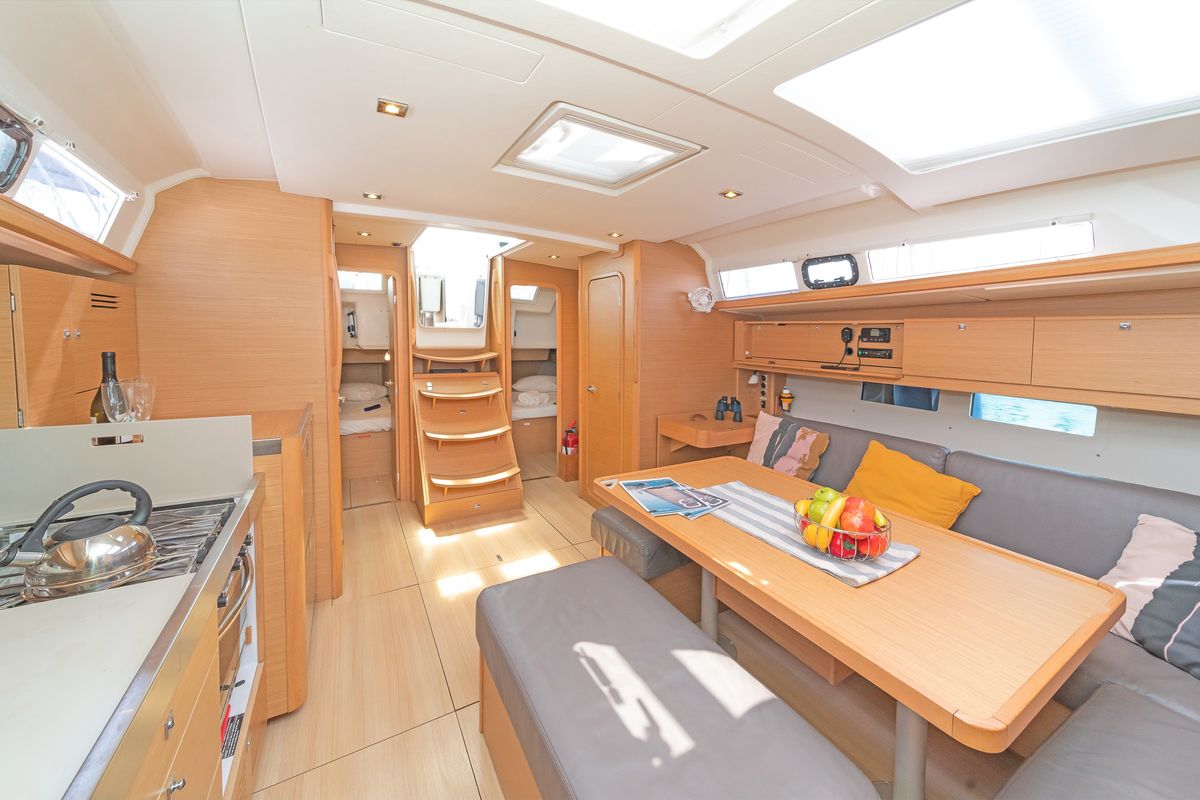 Salon of Carpe Diem, a Dufour 460 Grand Large sailboat at Municipal Unit of Lefkada, Greece