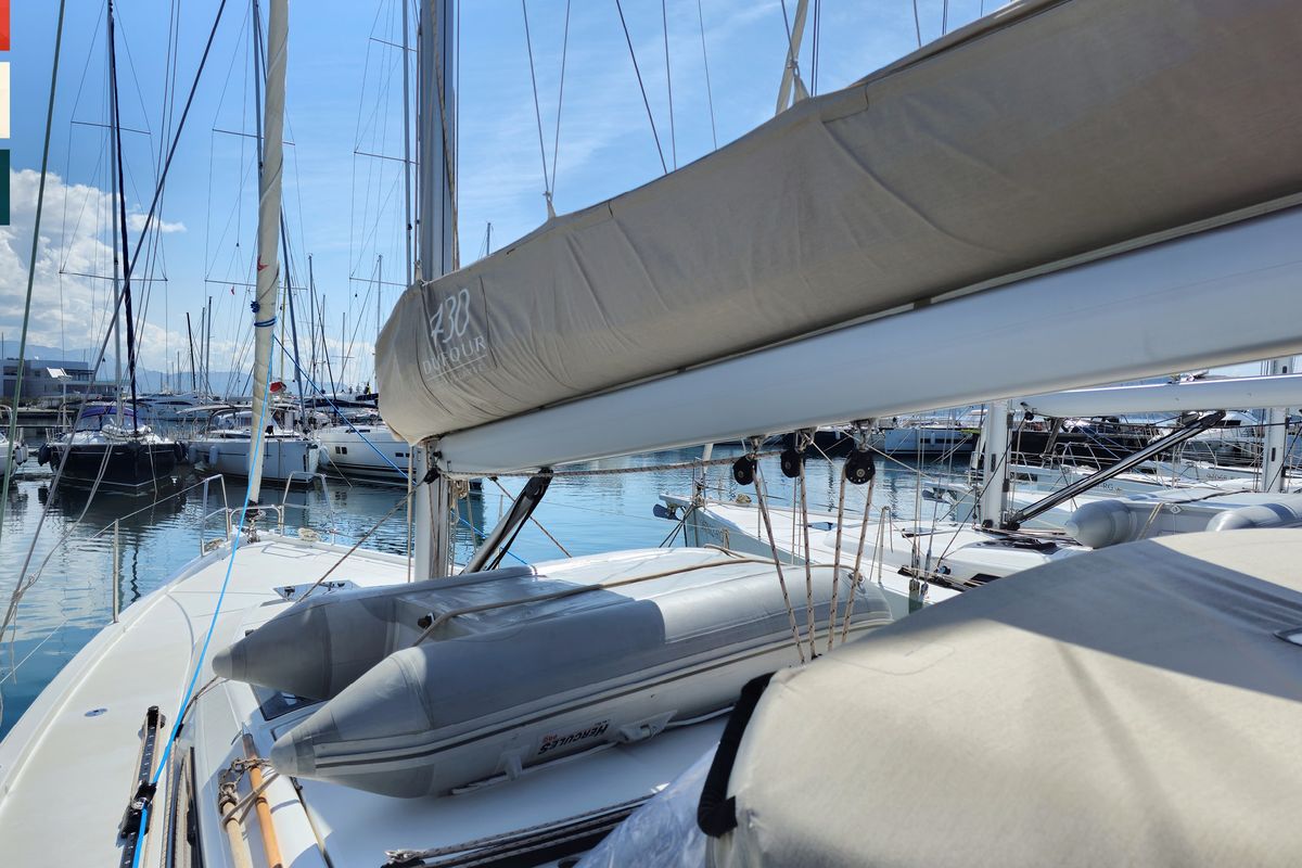 Deck of Vivo, a Dufour 430 GL sailboat at Grad Kaštela, Croatia