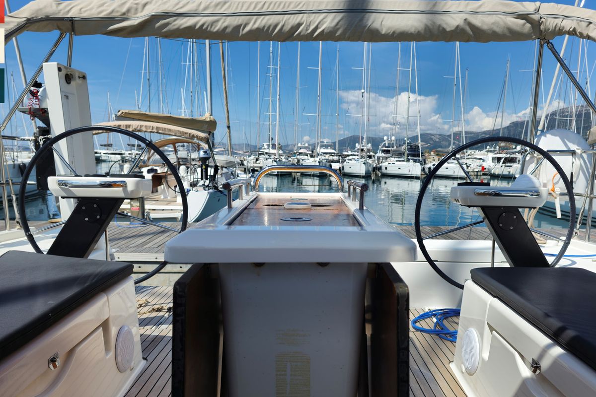 Cockpit of Vivo, a Dufour 430 GL sailboat at Grad Kaštela, Croatia
