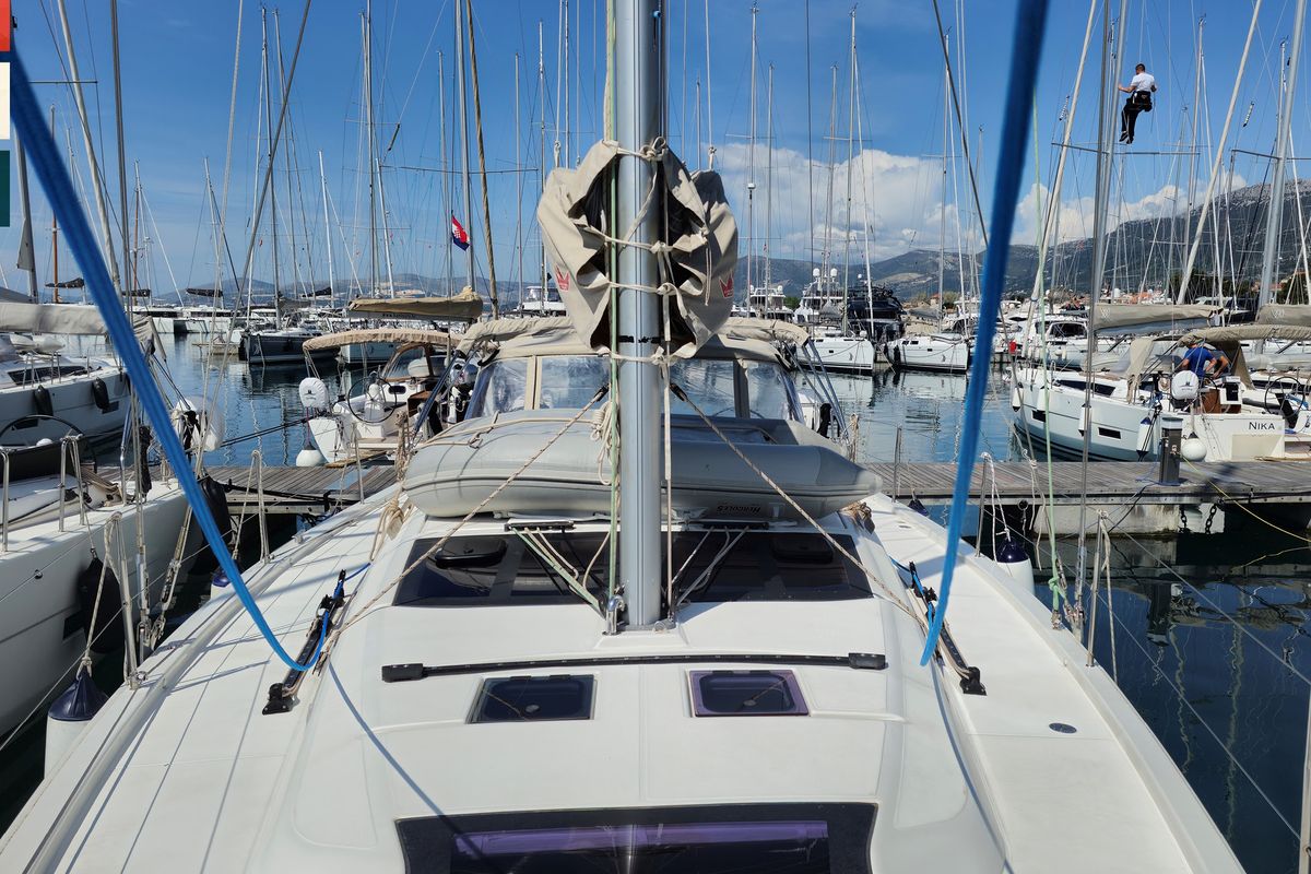 Deck of Vivo, a Dufour 430 GL sailboat at Grad Kaštela, Croatia