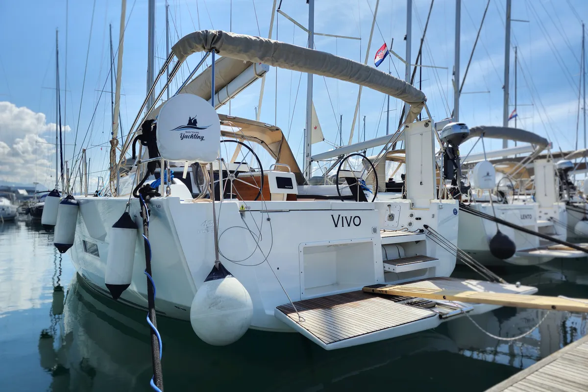 Exterior view of Vivo, a Dufour 430 GL sailboat at Grad Kaštela, Croatia