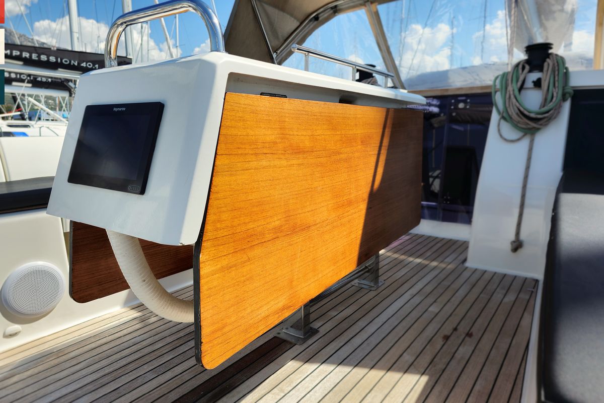 Cockpit of Vivo, a Dufour 430 GL sailboat at Grad Kaštela, Croatia