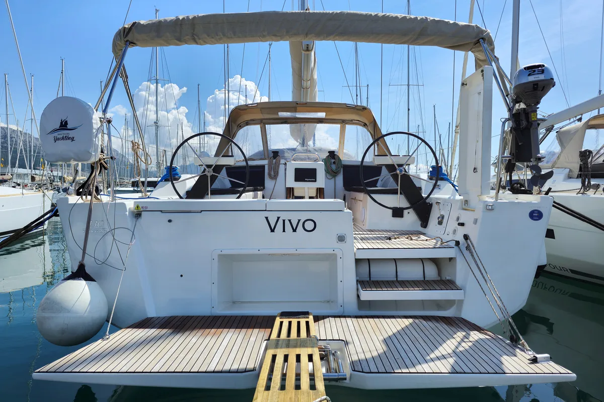 Exterior view of Vivo, a Dufour 430 GL sailboat at Grad Kaštela, Croatia