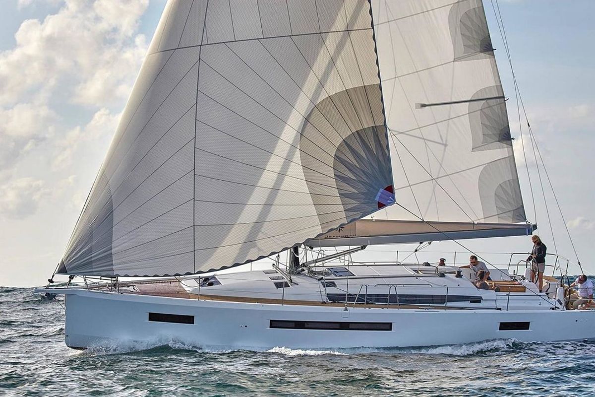 Exterior view of Calma, a Jeanneau Sun Odyssey 490 sailboat at Municipal Unit of Nea Peramos, Greece