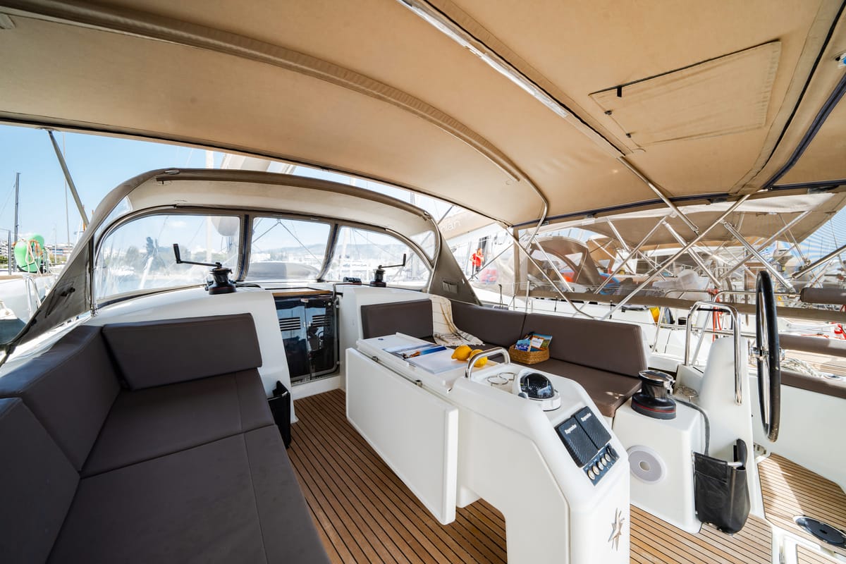 Deck of Calma, a Jeanneau Sun Odyssey 490 sailboat at Municipal Unit of Nea Peramos, Greece