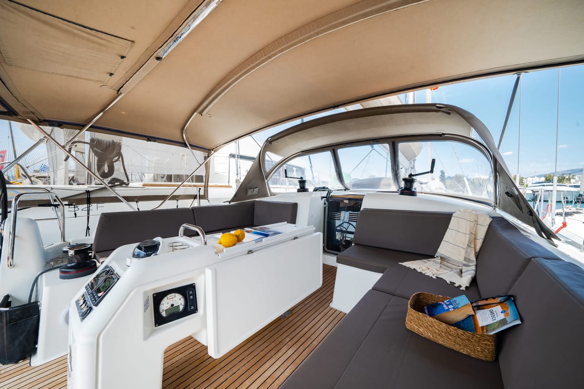 Deck of Calma, a Jeanneau Sun Odyssey 490 sailboat at Municipal Unit of Nea Peramos, Greece