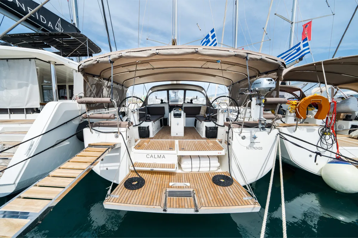 Exterior view of Calma, a Jeanneau Sun Odyssey 490 sailboat at Municipal Unit of Nea Peramos, Greece