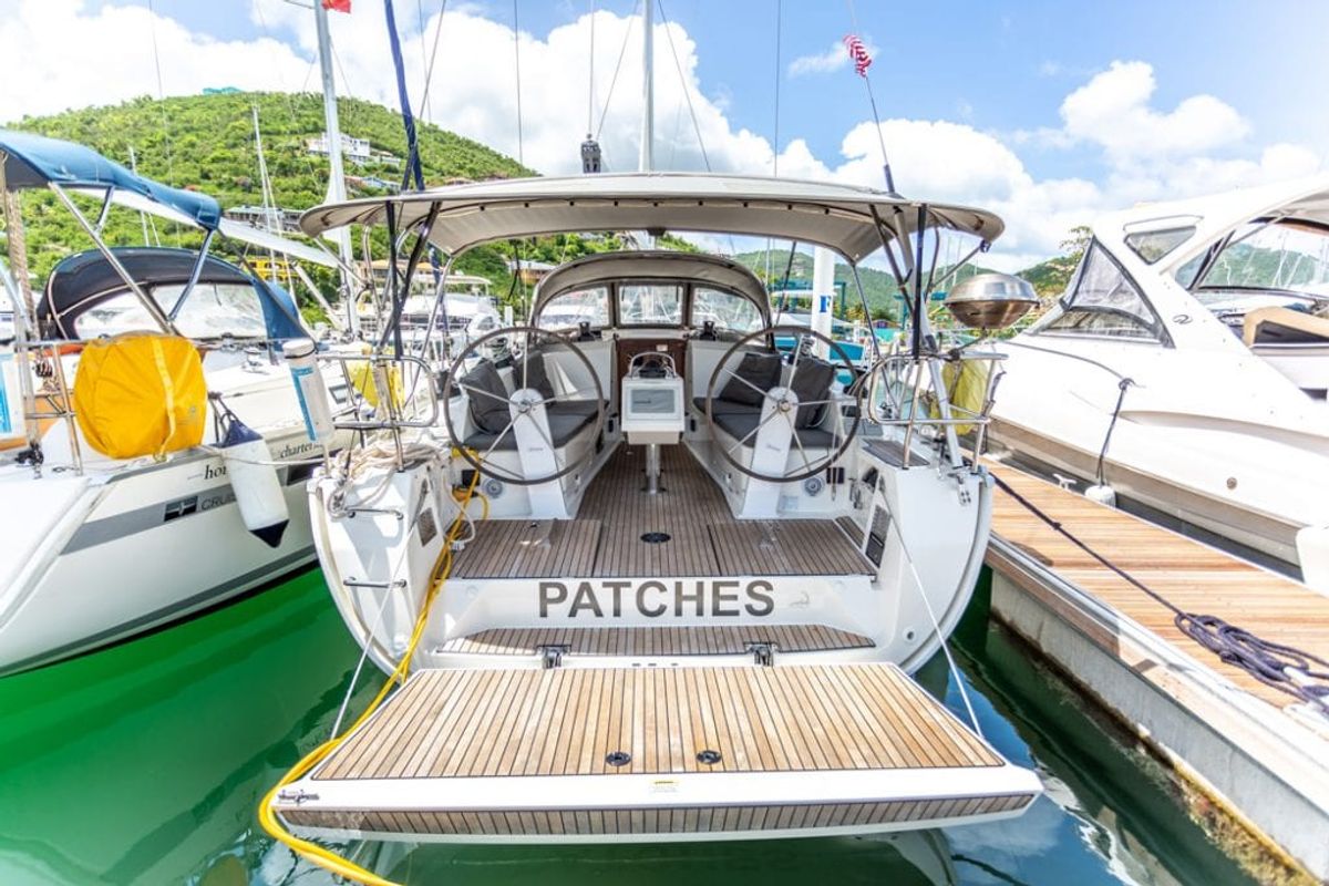 Deck of Patches, a Bavaria Cruiser 41 sailboat at Ribishi, Saint Vincent and the Grenadines