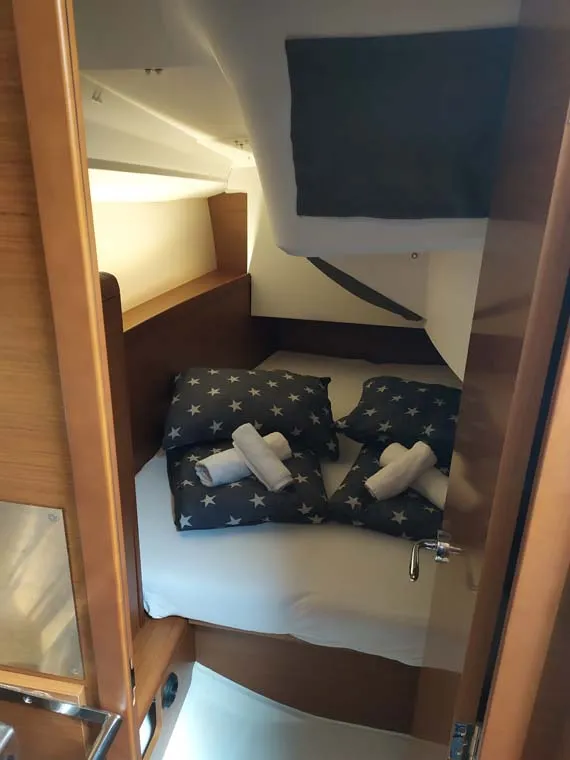 Cabin on Sweet Elli, a Jeanneau Sun Odyssey 349 sailboat at Grad Trogir, Croatia
