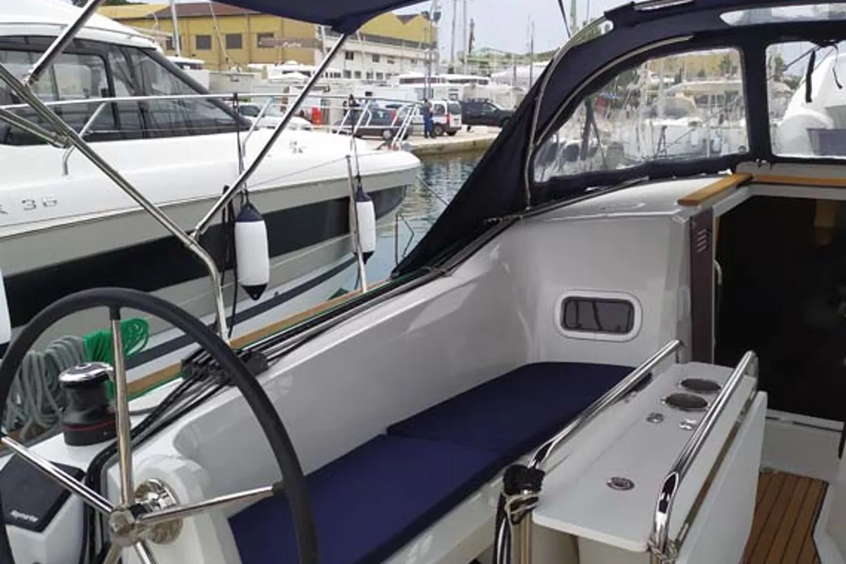 Cockpit of Sweet Elli, a Jeanneau Sun Odyssey 349 sailboat at Grad Trogir, Croatia