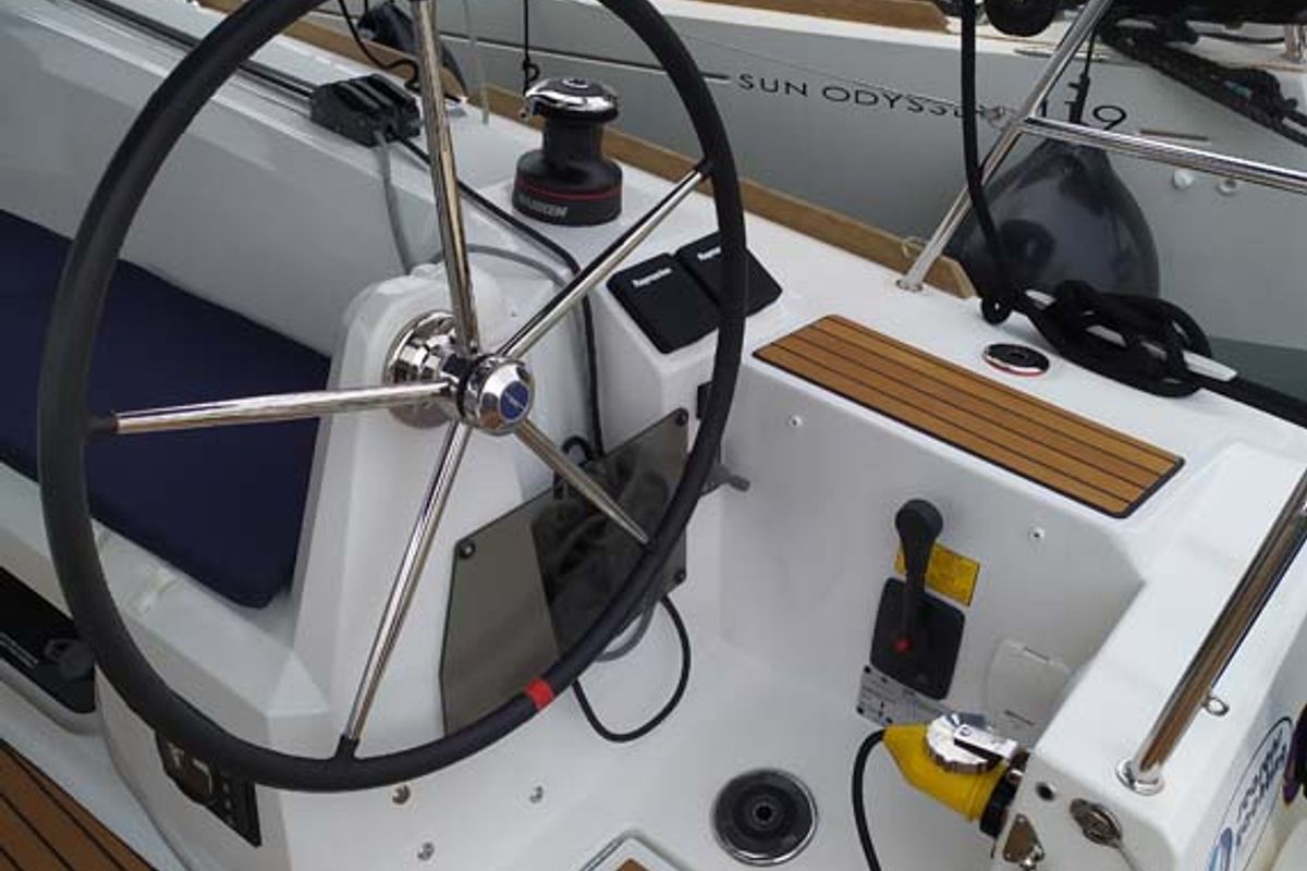 Cockpit of Sweet Elli, a Jeanneau Sun Odyssey 349 sailboat at Grad Trogir, Croatia