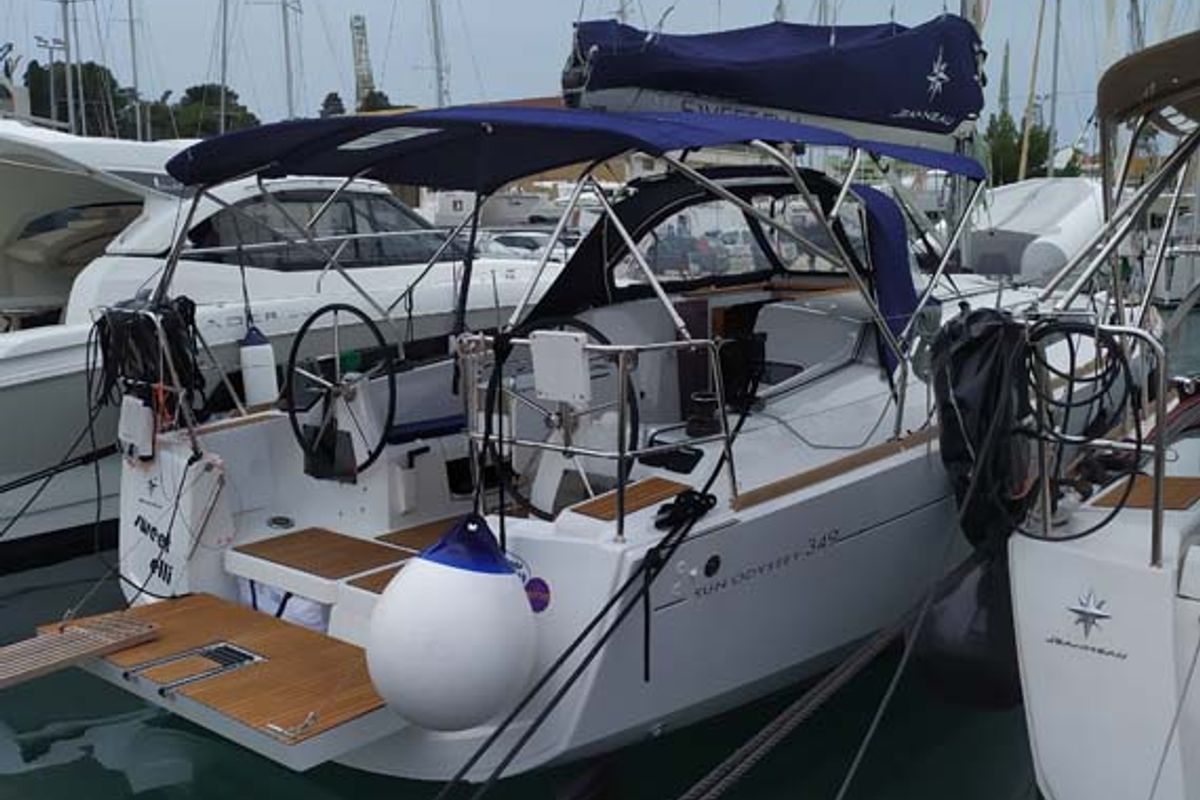 Exterior view of Sweet Elli, a Jeanneau Sun Odyssey 349 sailboat at Grad Trogir, Croatia
