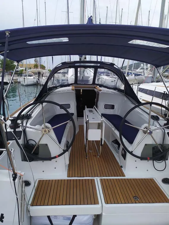 Cockpit of Sweet Elli, a Jeanneau Sun Odyssey 349 sailboat at Grad Trogir, Croatia