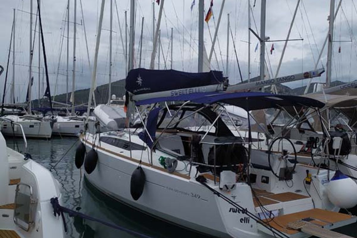 Exterior view of Sweet Elli, a Jeanneau Sun Odyssey 349 sailboat at Grad Trogir, Croatia