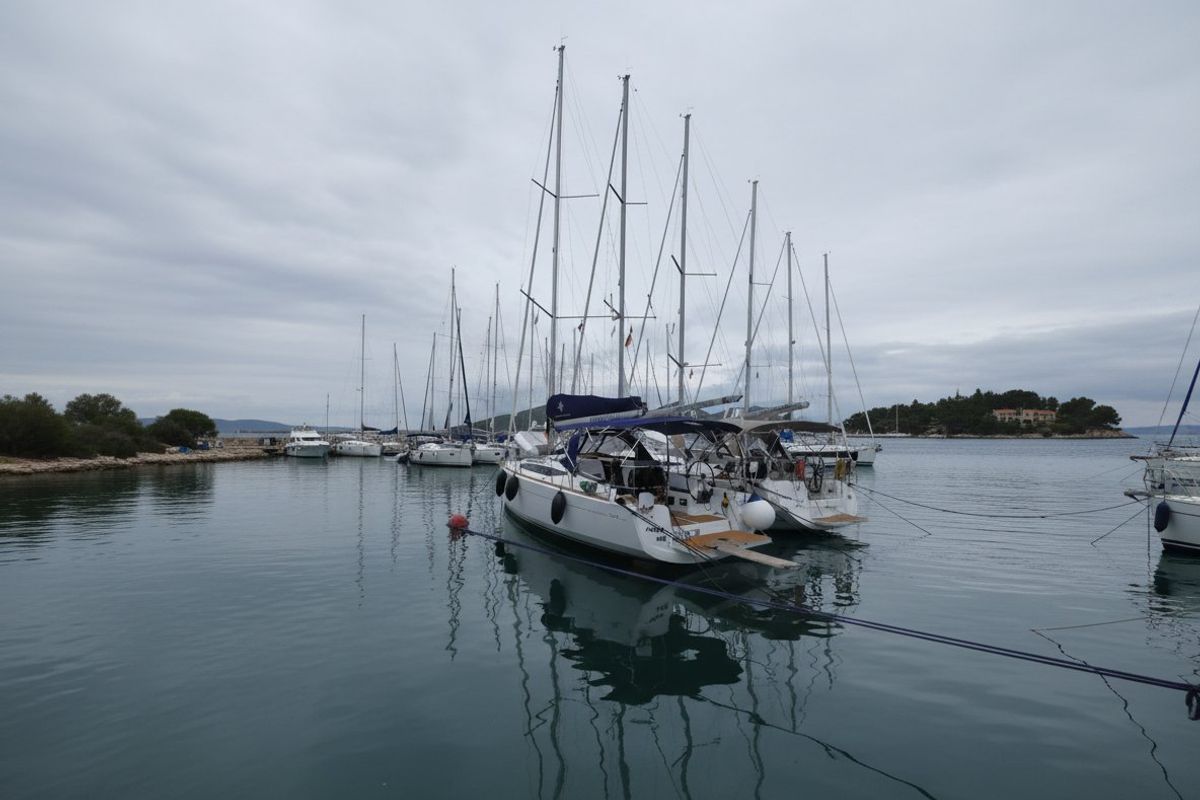 Exterior view of Sweet Elli, a Jeanneau Sun Odyssey 349 sailboat at Grad Trogir, Croatia