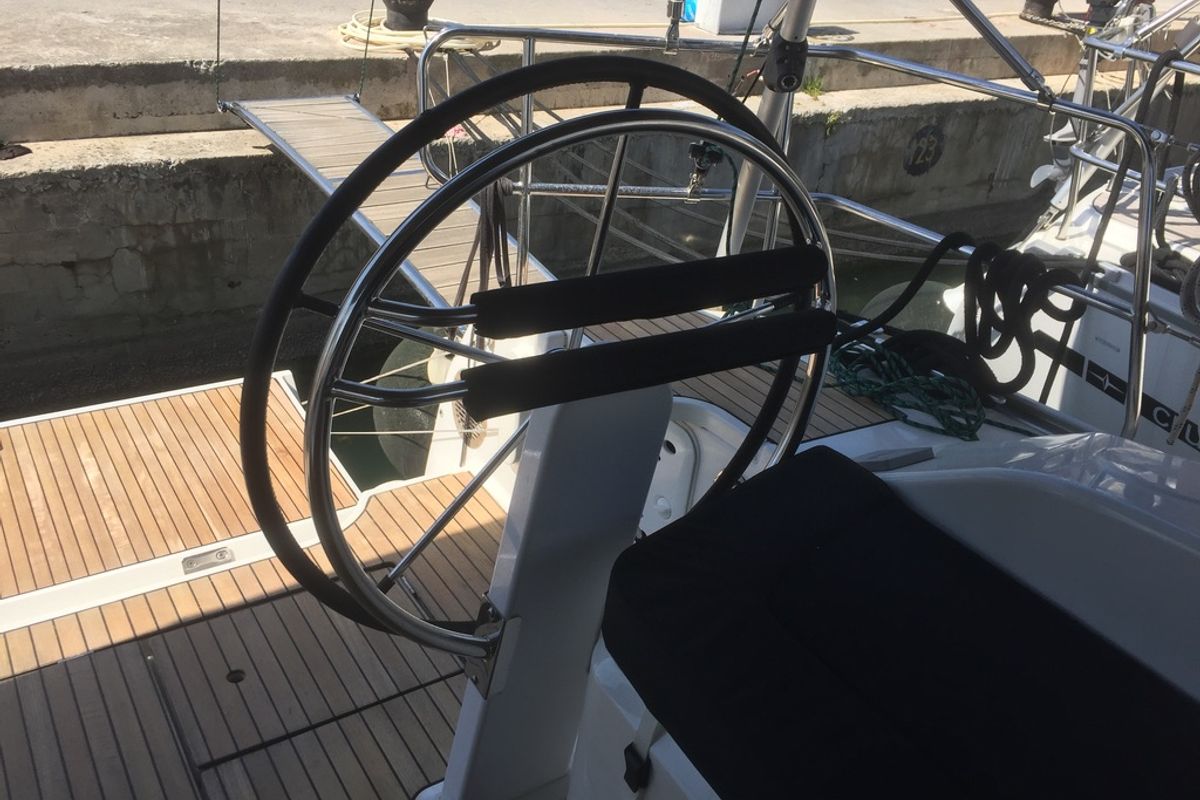Cockpit of Oreo, a Bavaria 51 Cruiser sailboat at Skiathos, Greece