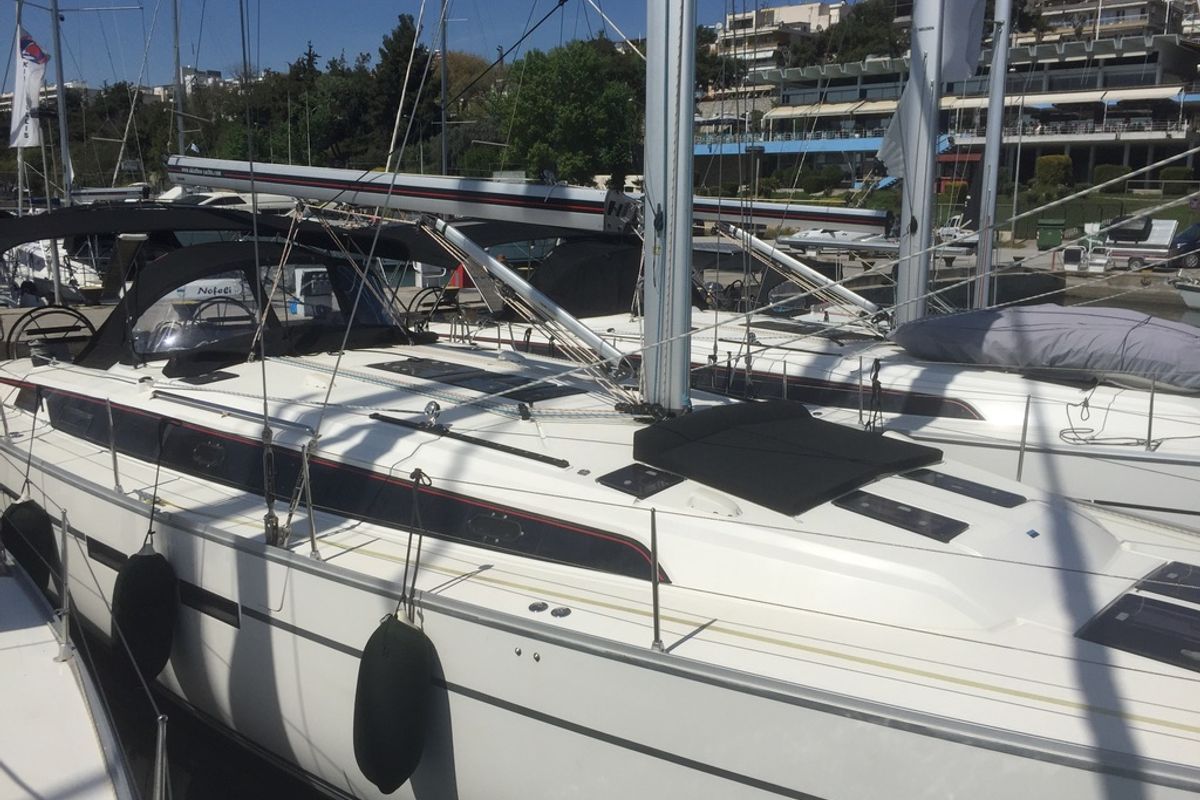 Exterior view of Oreo, a Bavaria 51 Cruiser sailboat at Skiathos, Greece