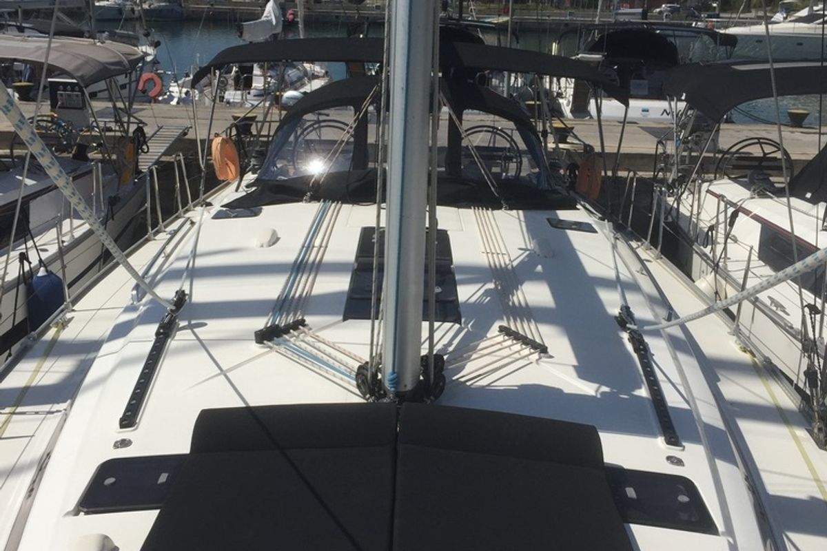Deck of Oreo, a Bavaria 51 Cruiser sailboat at Skiathos, Greece