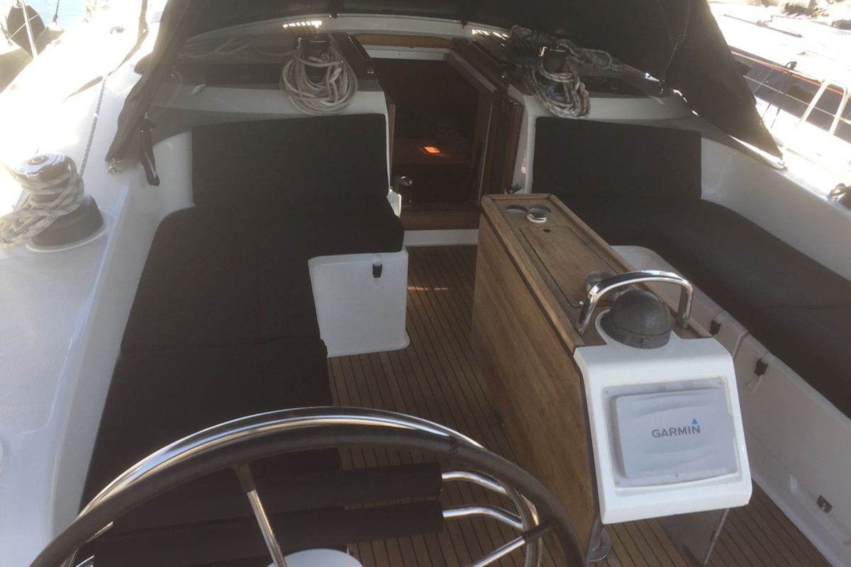 Cockpit of Oreo, a Bavaria 51 Cruiser sailboat at Skiathos, Greece