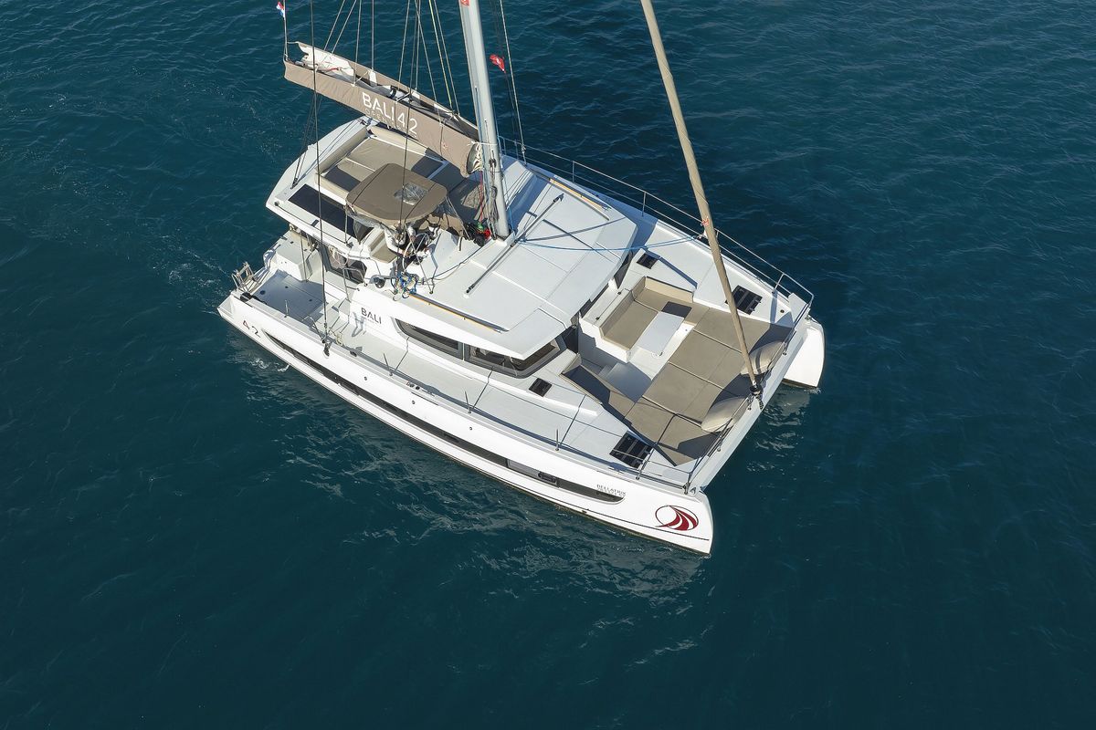 Exterior view of Bellatrix, a Bali 4.2 catamaran at Seget Donji, Croatia