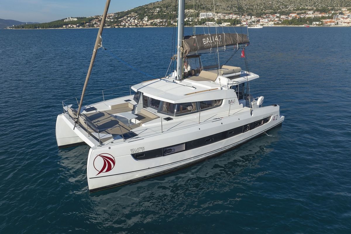 Exterior view of Bellatrix, a Bali 4.2 catamaran at Seget Donji, Croatia