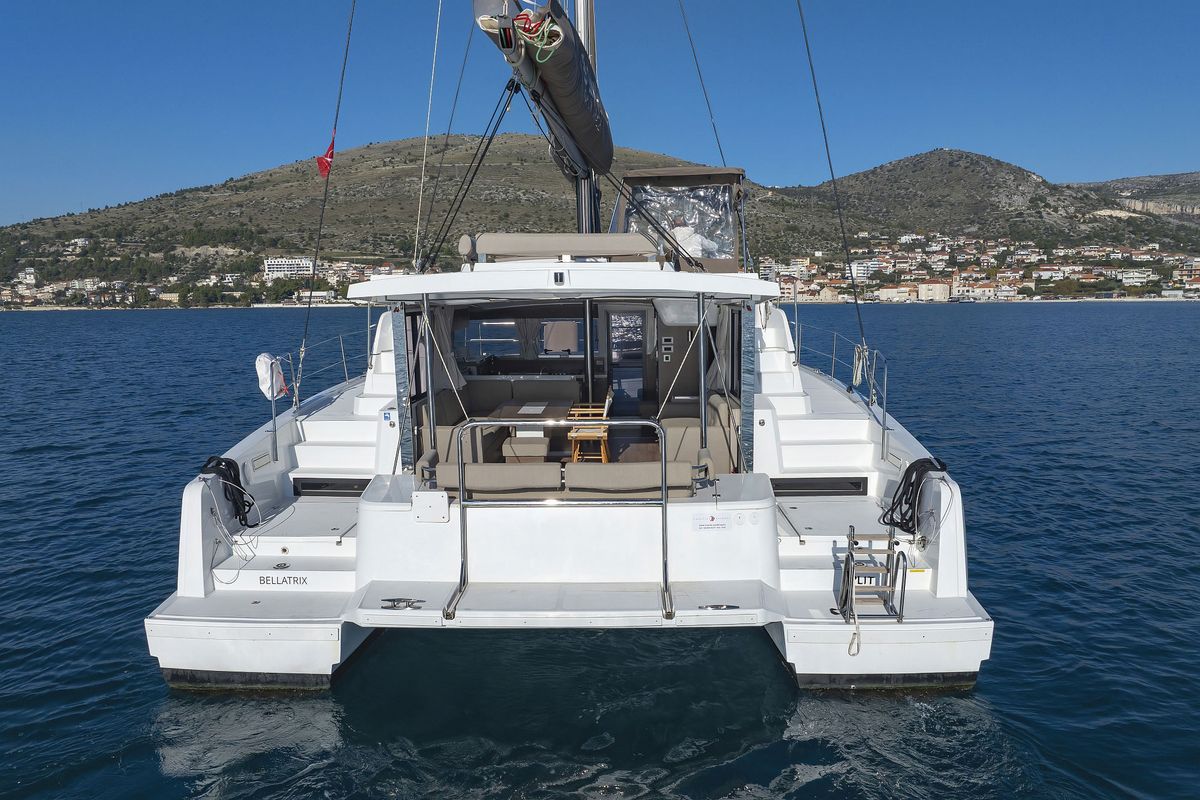 Exterior view of Bellatrix, a Bali 4.2 catamaran at Seget Donji, Croatia