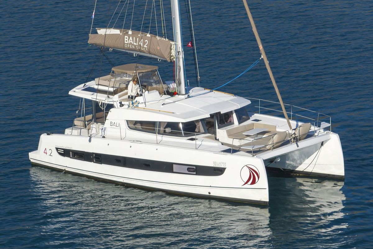 Exterior view of Bellatrix, a Bali 4.2 catamaran at Seget Donji, Croatia
