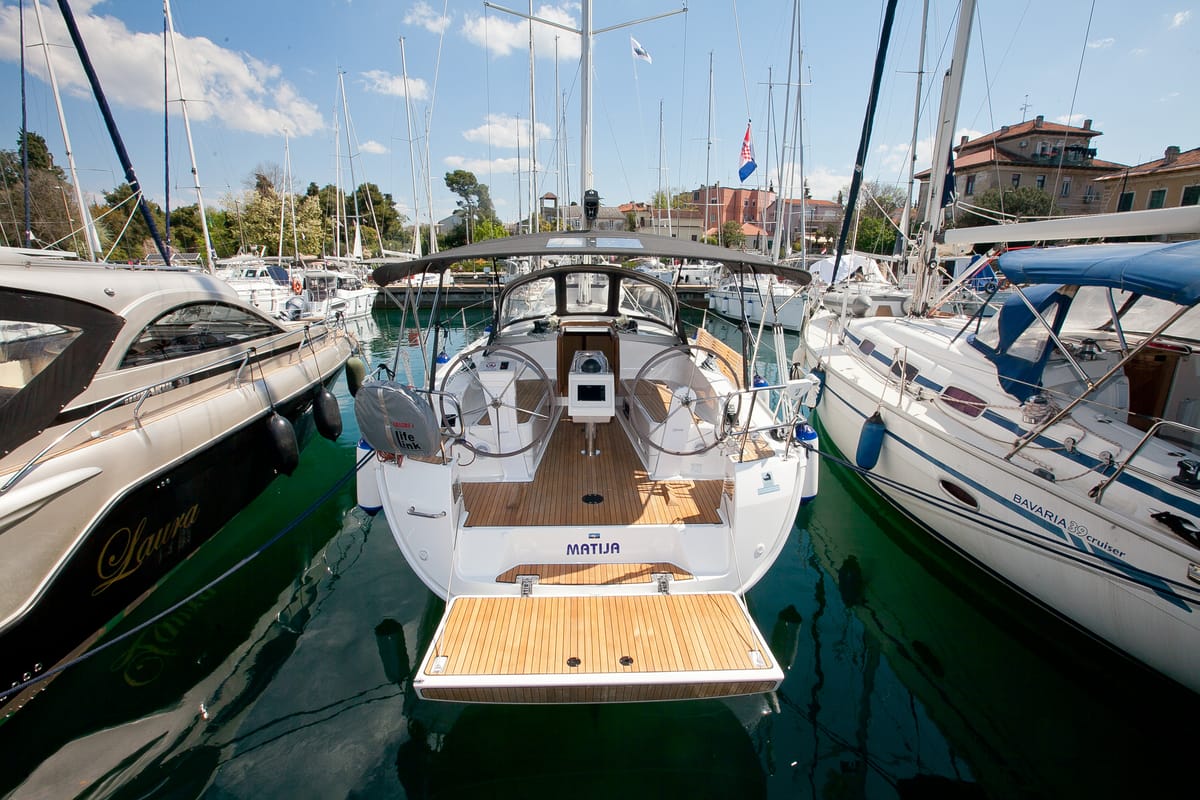 Exterior view of Matija, a Bavaria Cruiser 37 sailboat at Zadar, Croatia