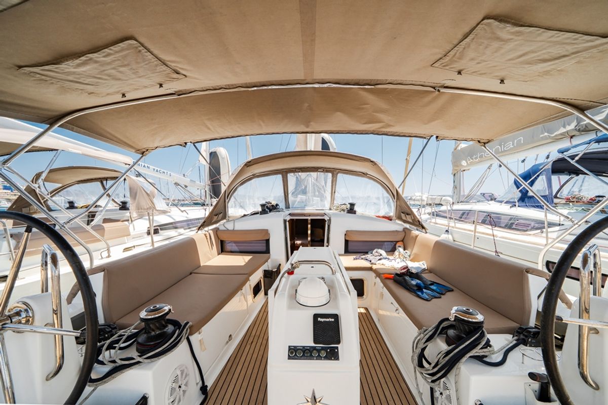 Cockpit of Orfeas, a Jeanneau Sun Odyssey 440 sailboat at Lavreotiki Municipal Unit, Greece