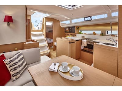 Salon of Orfeas, a Jeanneau Sun Odyssey 440 sailboat at Lavreotiki Municipal Unit, Greece