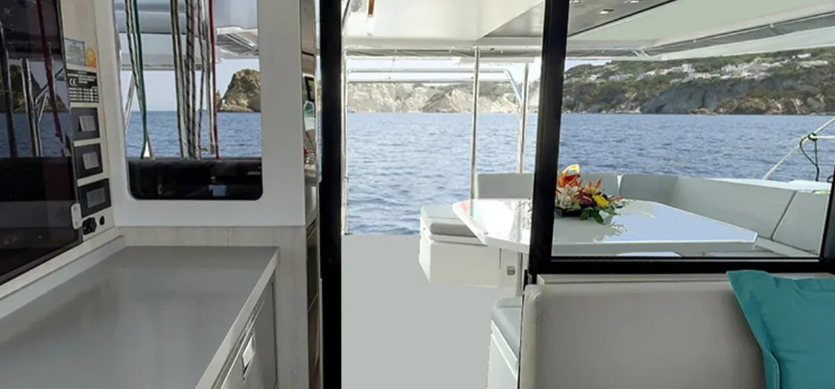 Deck of Sunsail 454L Classic, a Leopard 45 catamaran at English Harbour, Antigua and Barbuda