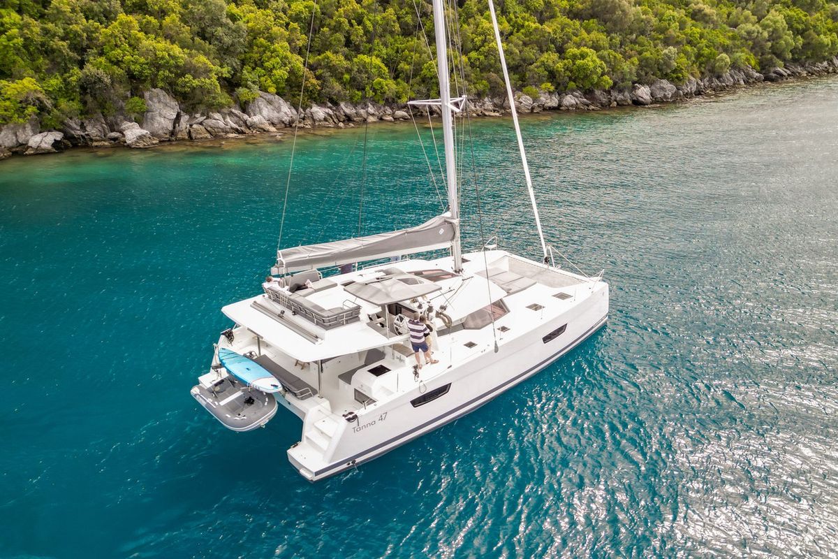Exterior view of Smart Way, a Fountaine Pajot Tanna 47 catamaran at Marmaris, Turkey